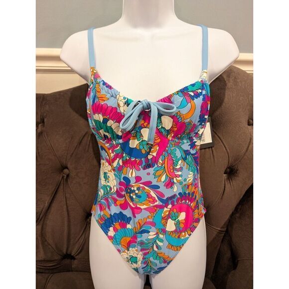 KATE SPADE Cinch Tie Front Soft Underwire Cups Swimsuit SPRING WATER/BLUE S $144 - Picture 1 of 16